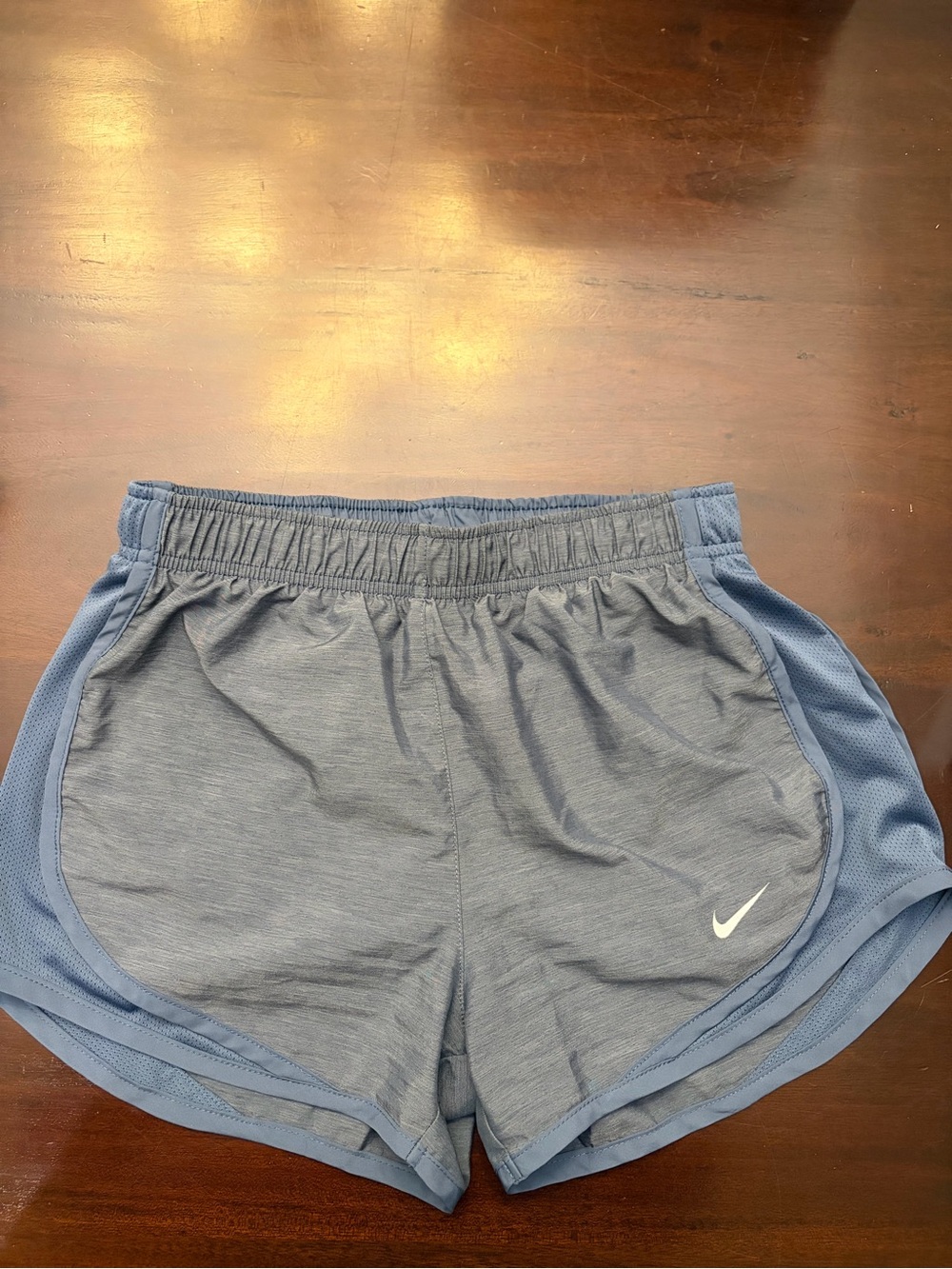 Nike Women's Heather Gray and Light Blue Athletic Shorts with White Swoosh
